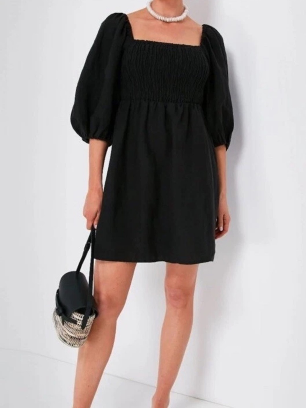 Tuckernuck Annie Smocked Puff Sleeve Linen Mini Dress Black M Babydoll Coastal